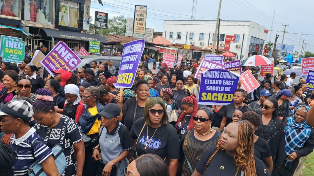 Collation of Edo women across party lines protest the decision of INEC to declare Sen. Monday Akpakomeza winner, instead of DR ASUE Ighodalo